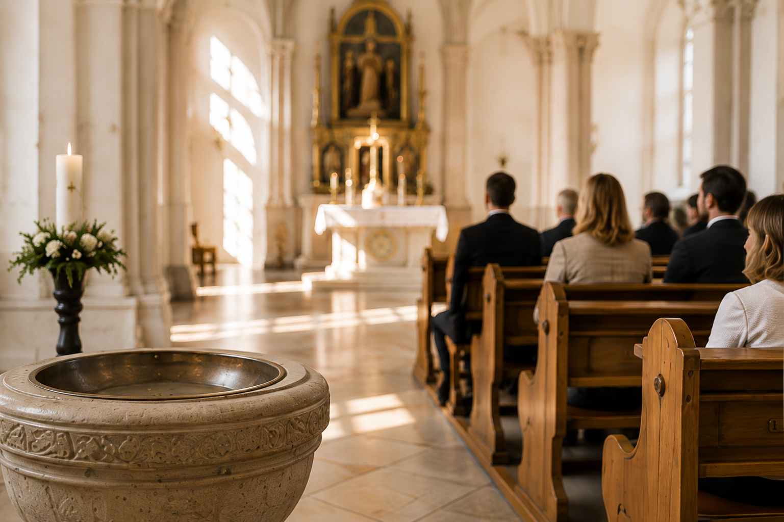 Taufbecken und Blumenschmuck in einer Kirche